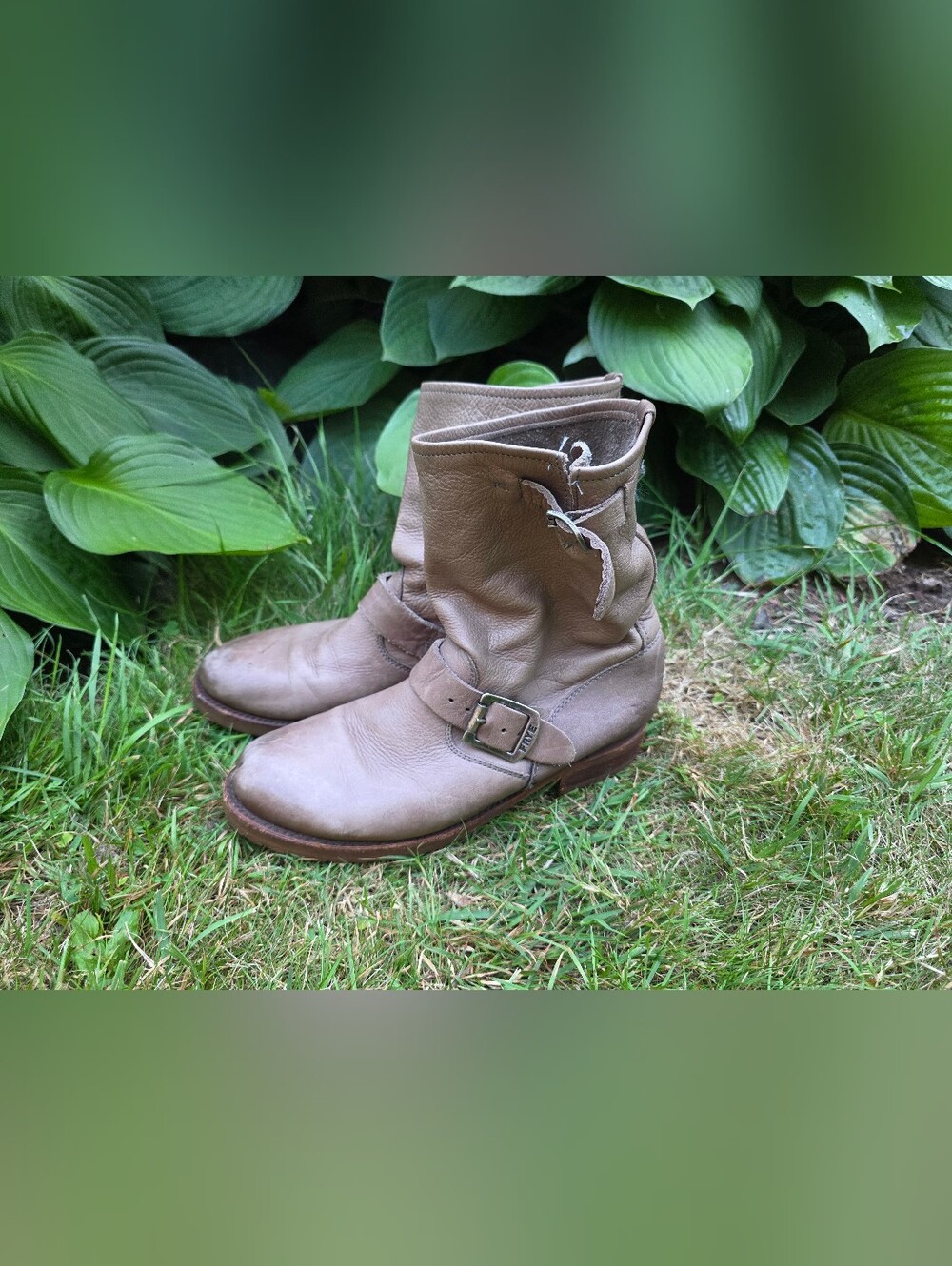 Frye Taupe Slouch Leather Ankle Buckle Boots